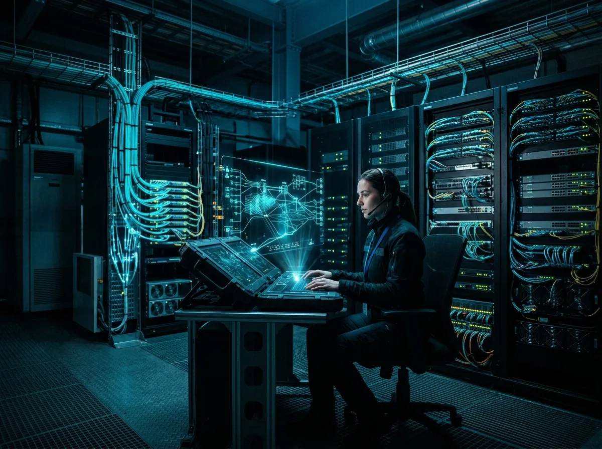 Técnica monitoreando infraestructura de red en un centro de datos